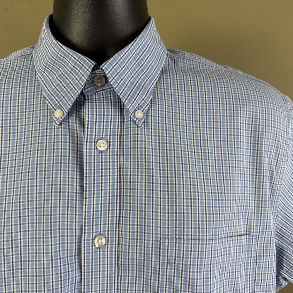 Lands' End Mens Short Sleeve NO IRON Pinpoint Oxford Blue Check Plaid 15 1/2 NEW